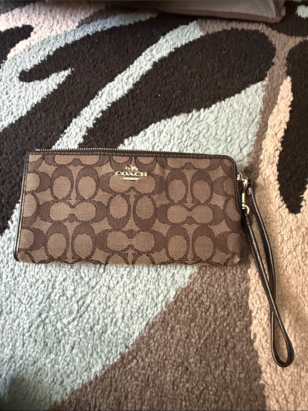 Coach Brown Signature Canvas Wristlet with Gold Logo